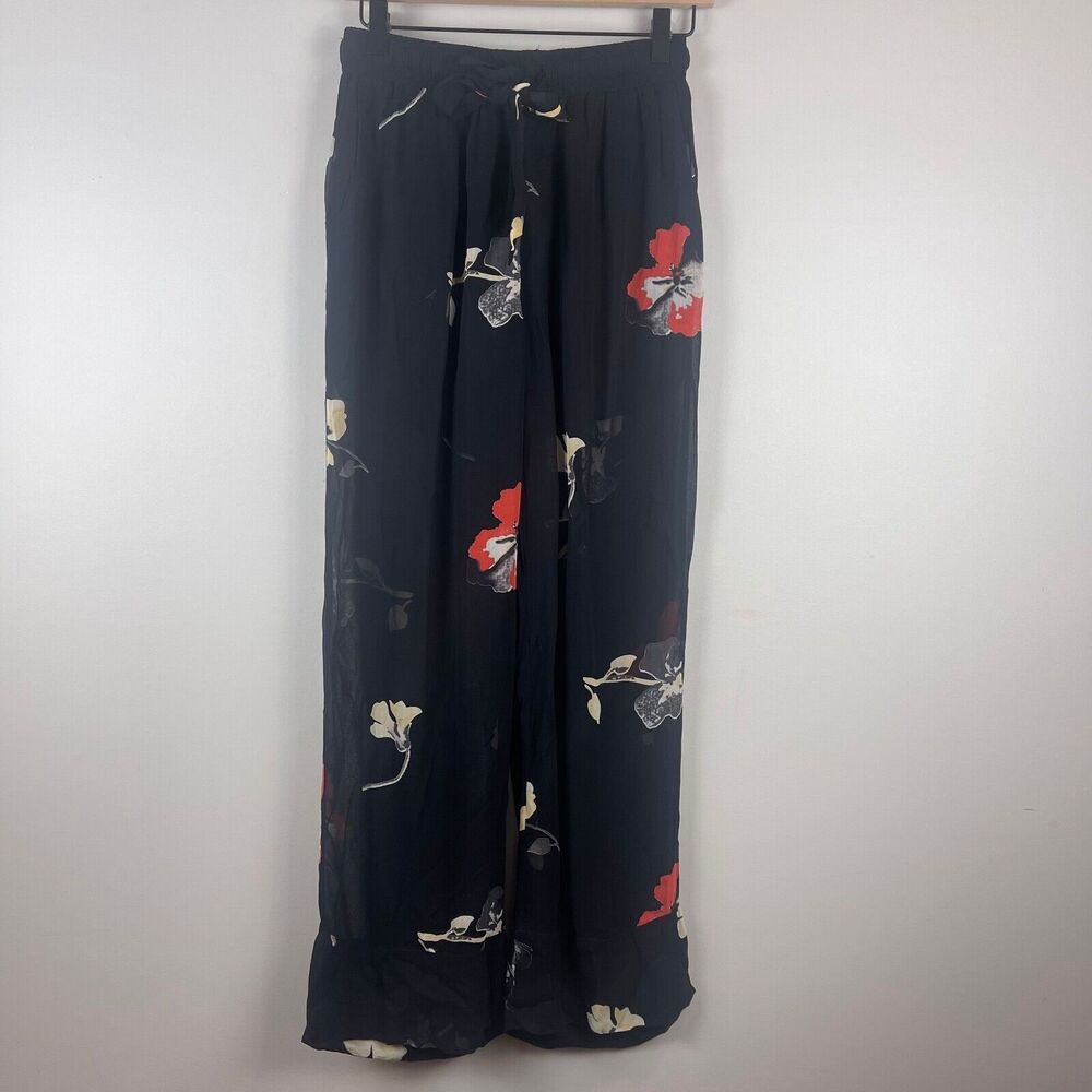 GANNI Georgette Pants Women 34 Black Floral Chiffon Tie Waist Pull On Sheer Boho